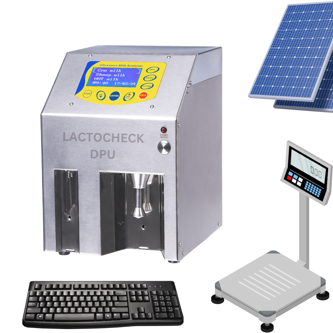 Milk analyzer with weighing scale, solar panel, keyboard